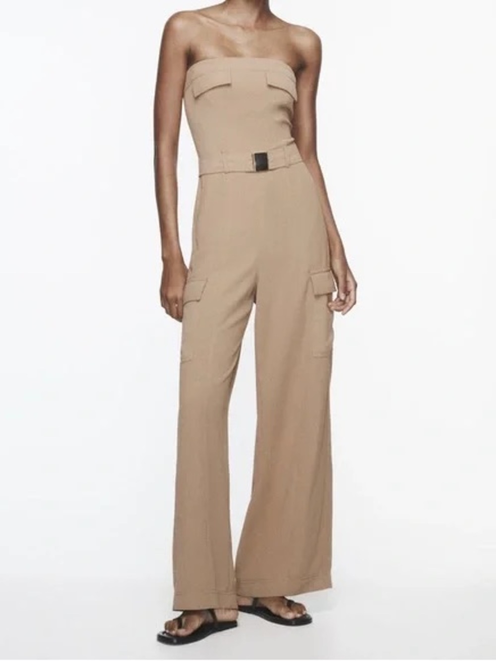 Zara Strapless Cargo Wide-Leg Jumpsuit in Tan